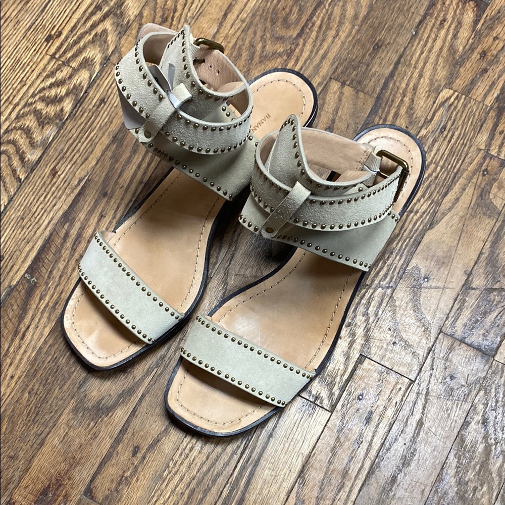 Studded Ankle-Strap Sandals in Beige